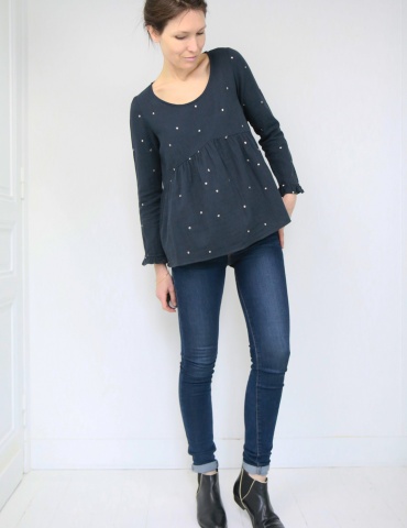 Blouse Virevolte en double gaze stardust Atelier Brunette, version blouse manches longues, vue en pied de face