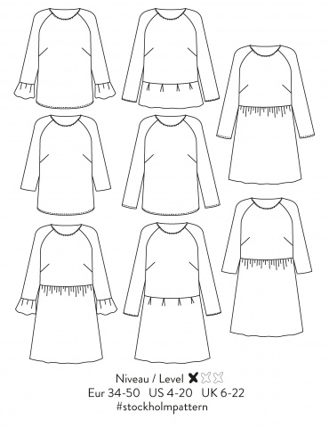 Blouse Stockholm réalisée dans un lainage fin bleu, version avec basque à plis creux au bas du top, vue de face