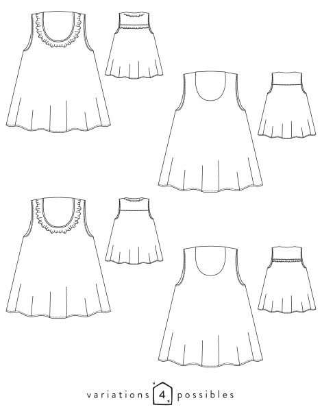 Dessin technique des variations possibles du débardeur Alizé